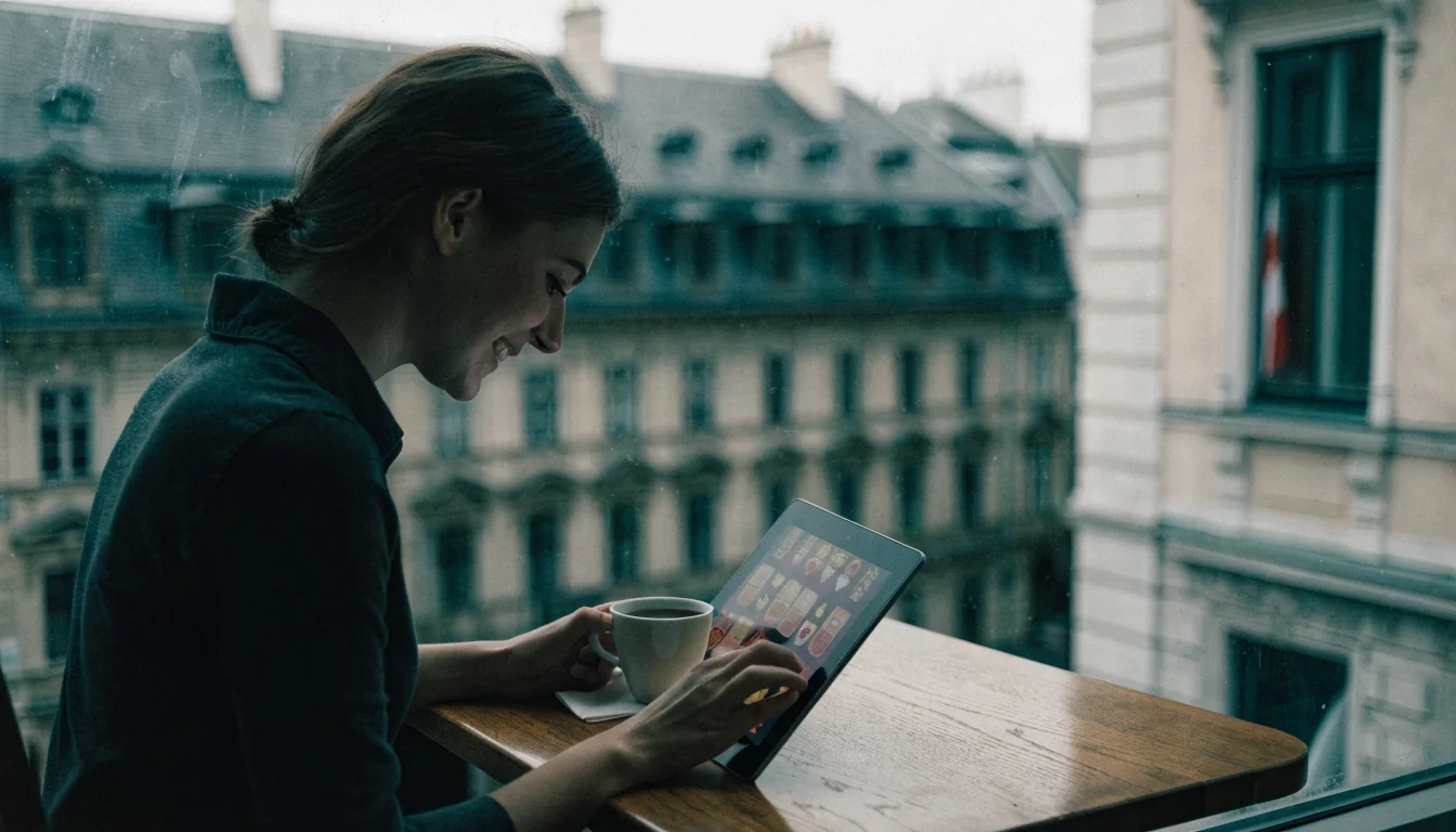 Junge Frau im Wiener Café mit Tablet und Kaffee