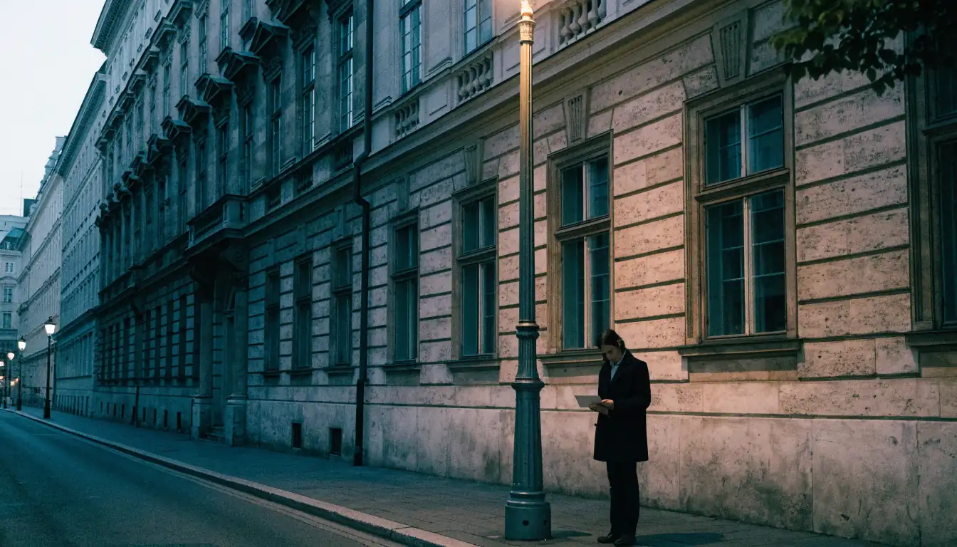 Person bei Abendlicht hält verschlossenen Brief in Wiener Altstadt.