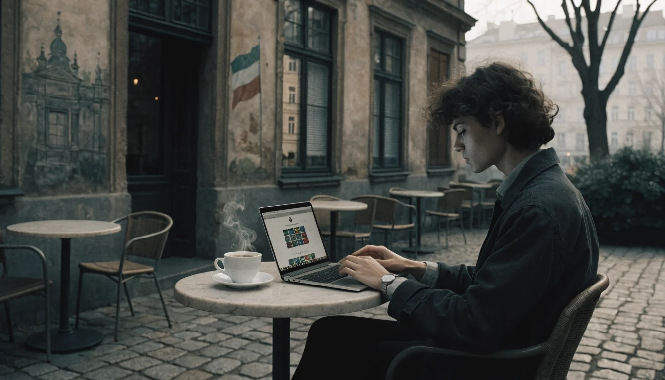 Junger Erwachsener am Laptop auf einer Wiener Terrasse, Café-Atmosphäre.