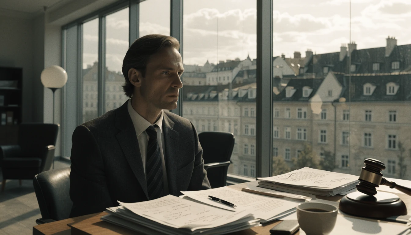 Anwalt in Büro mit Rechtsunterlagen und Wiener Skyline