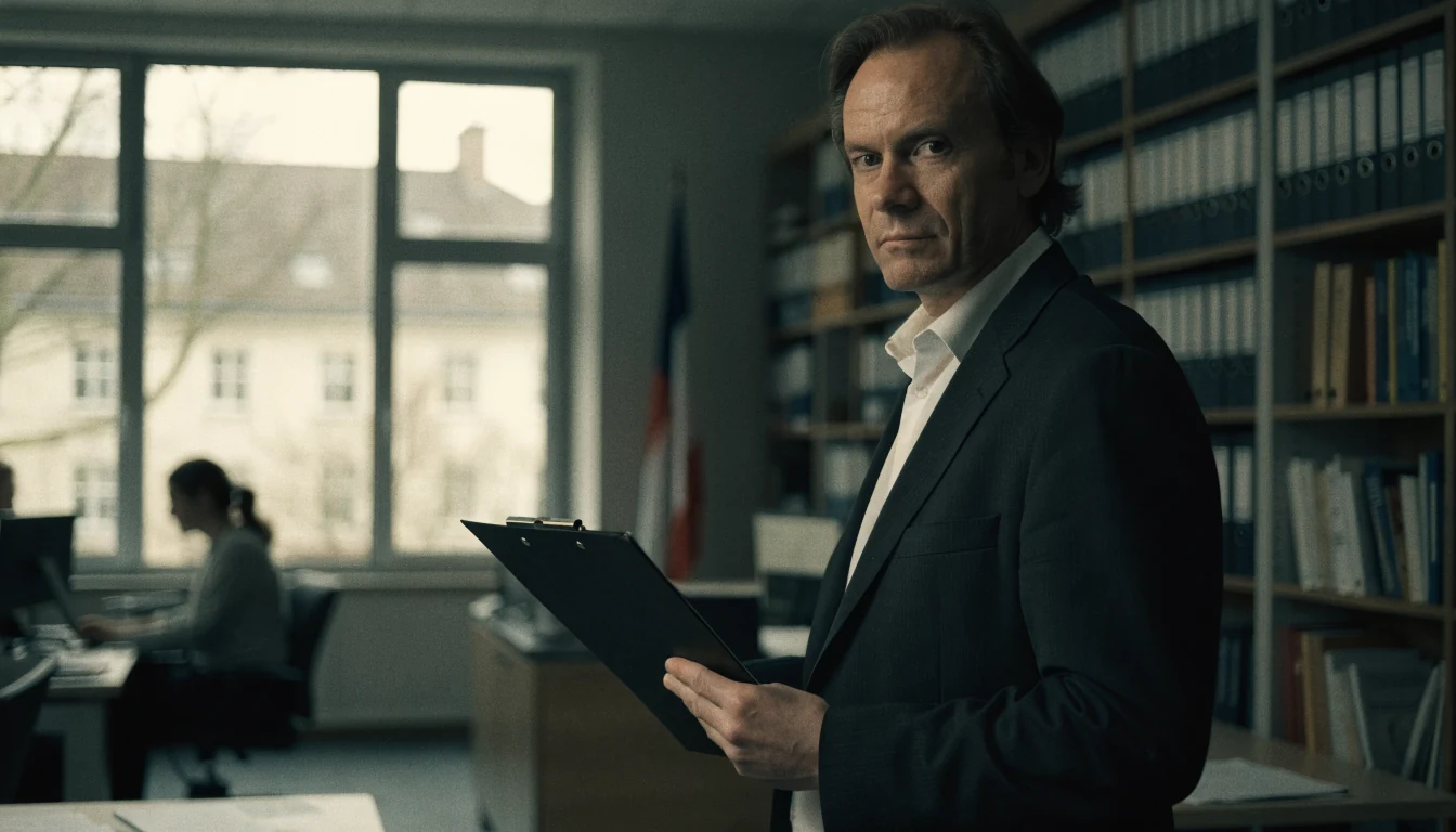Ein österreichischer Redakteur im modernen Newsroom mit Aktenordner, Flagge im Hintergrund.